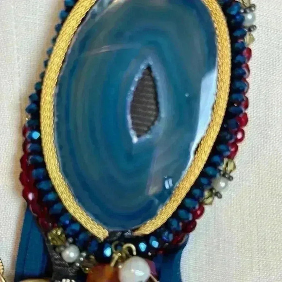 Vintage Stunning Handmade Agate Blue Polish Stone Scarf Necklace - Picture 3 of 13
